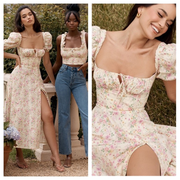 Tallulah Lemon Floral Puff Sleeve Midi Sundress - Picture 2 of 14